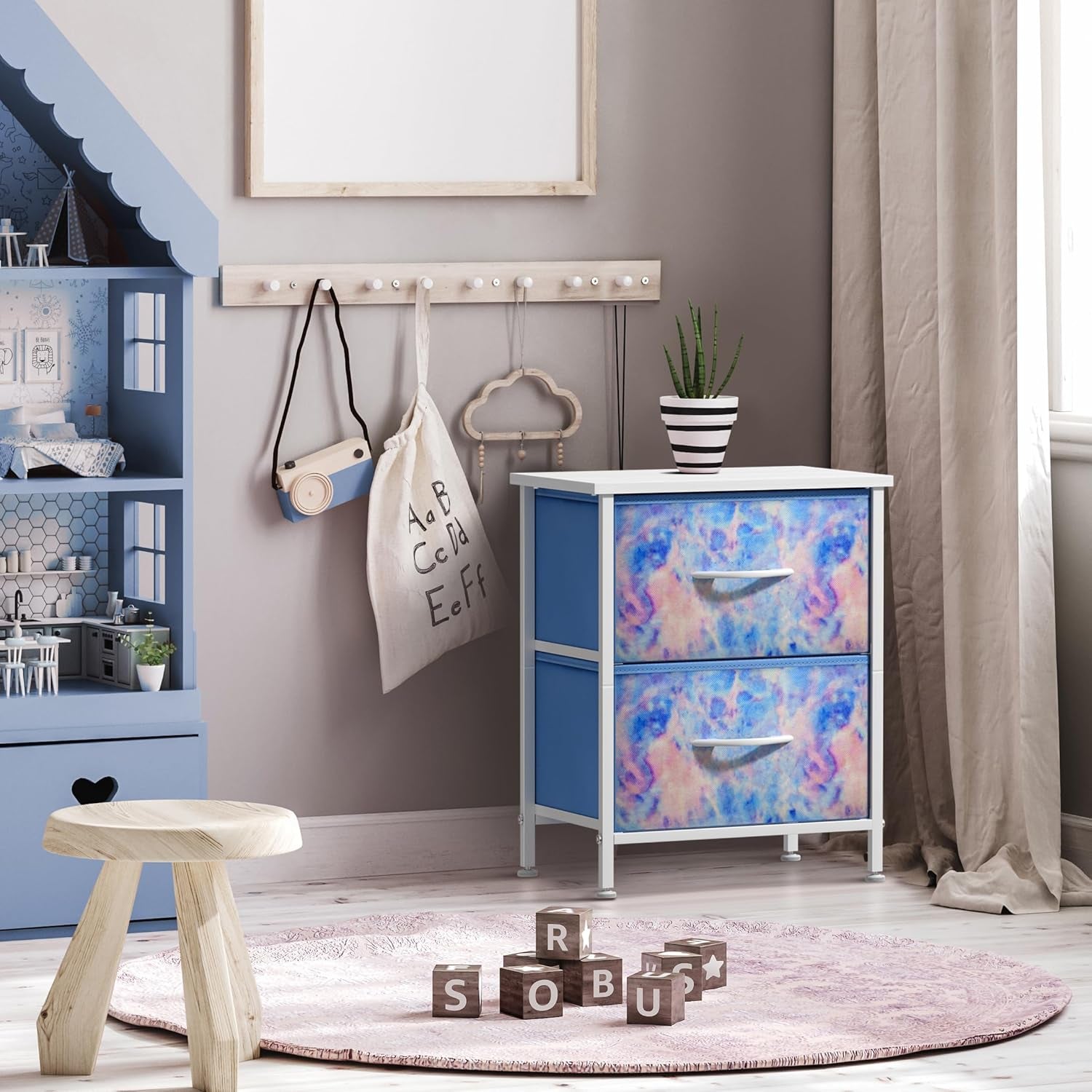 Nightstand with 2 Drawers - Bedside Furniture & Accent End Table Chest for Home, Bedroom Accessories, Office, College Dorm, Steel Frame, Wood Top, Easy Pull Fabric Bins (Tie-Dye Pastel)