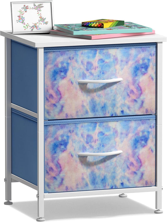 Nightstand with 2 Drawers - Bedside Furniture & Accent End Table Chest for Home, Bedroom Accessories, Office, College Dorm, Steel Frame, Wood Top, Easy Pull Fabric Bins (Tie-Dye Pastel)